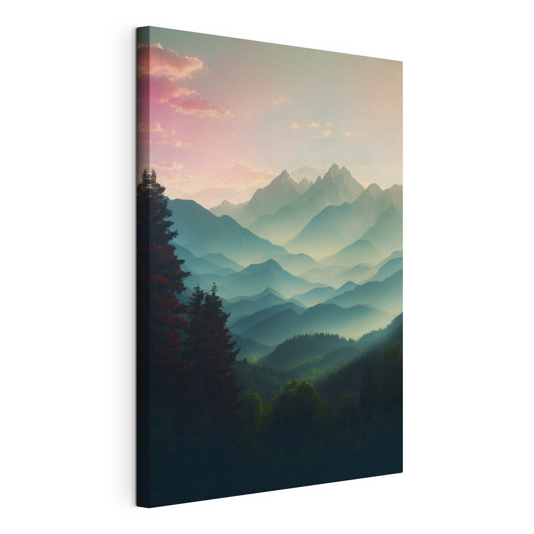 Mountain range with trees and clouds
