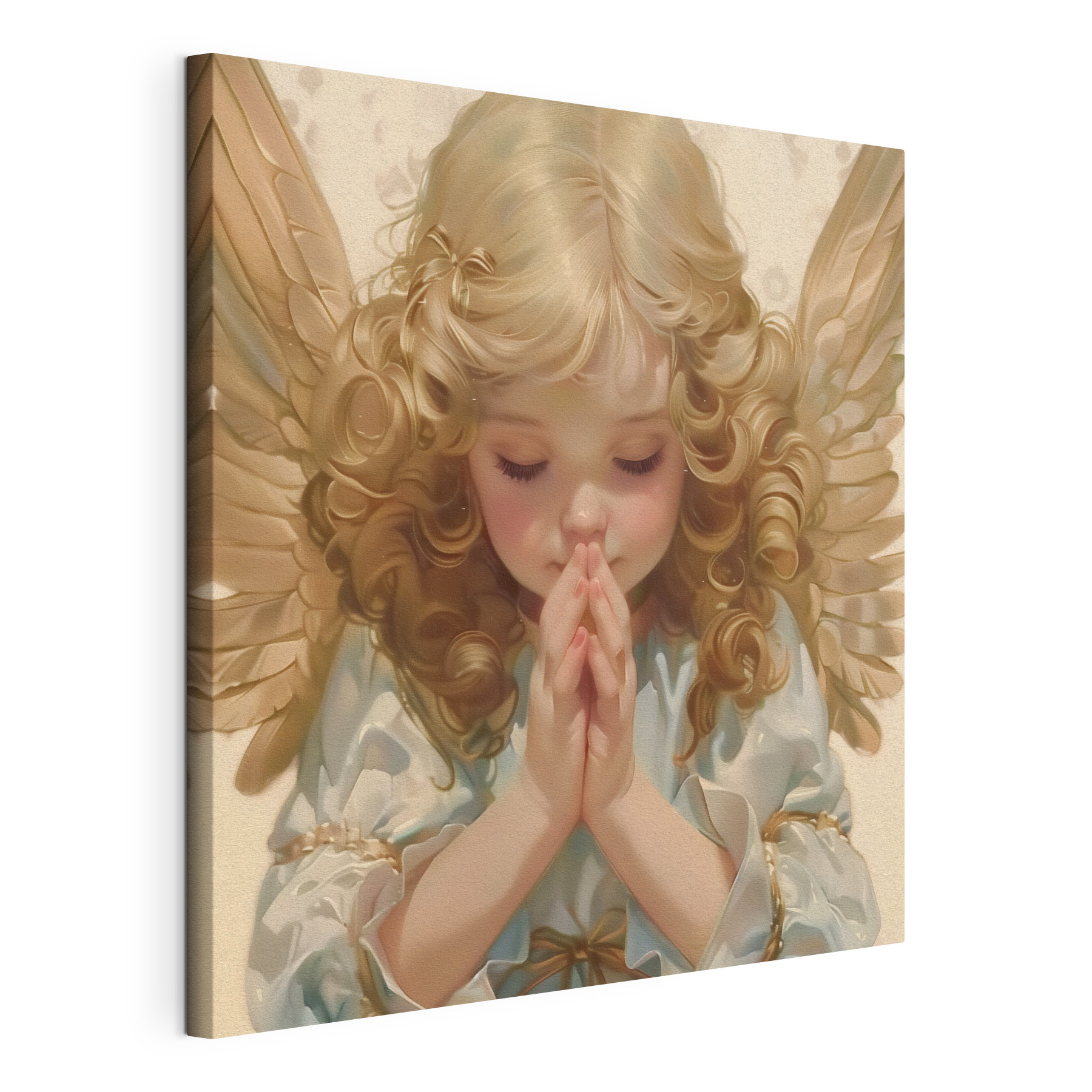 Child with blonde hair and wings praying
