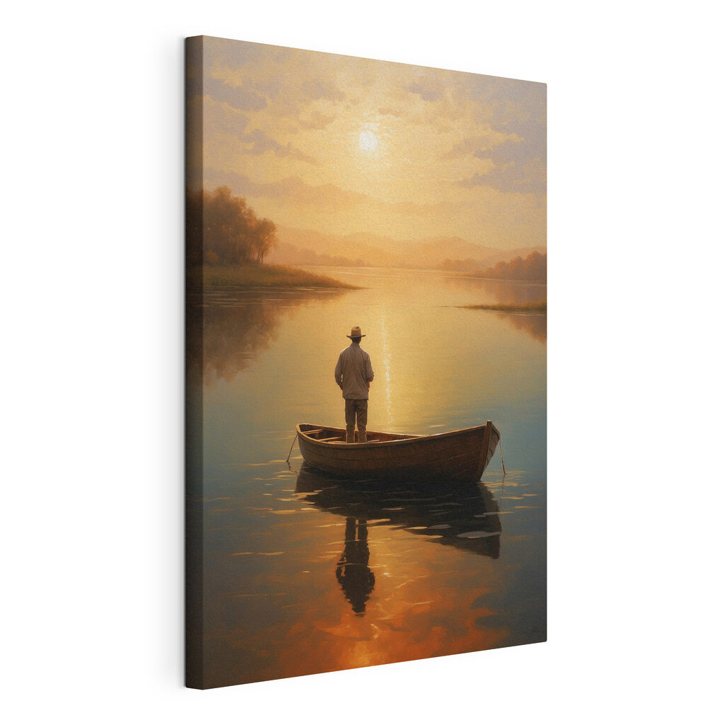 Man standing in a boat on a lake Man standing in a boat on a lake