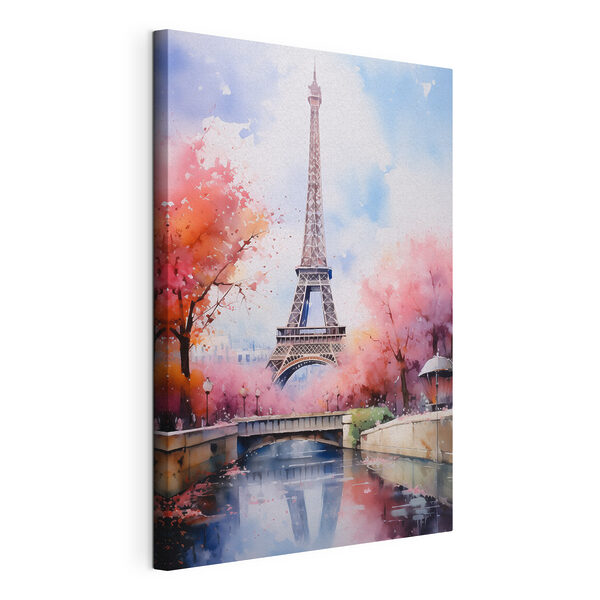 Watercolor painting of a tower with pink flowers and a bridge