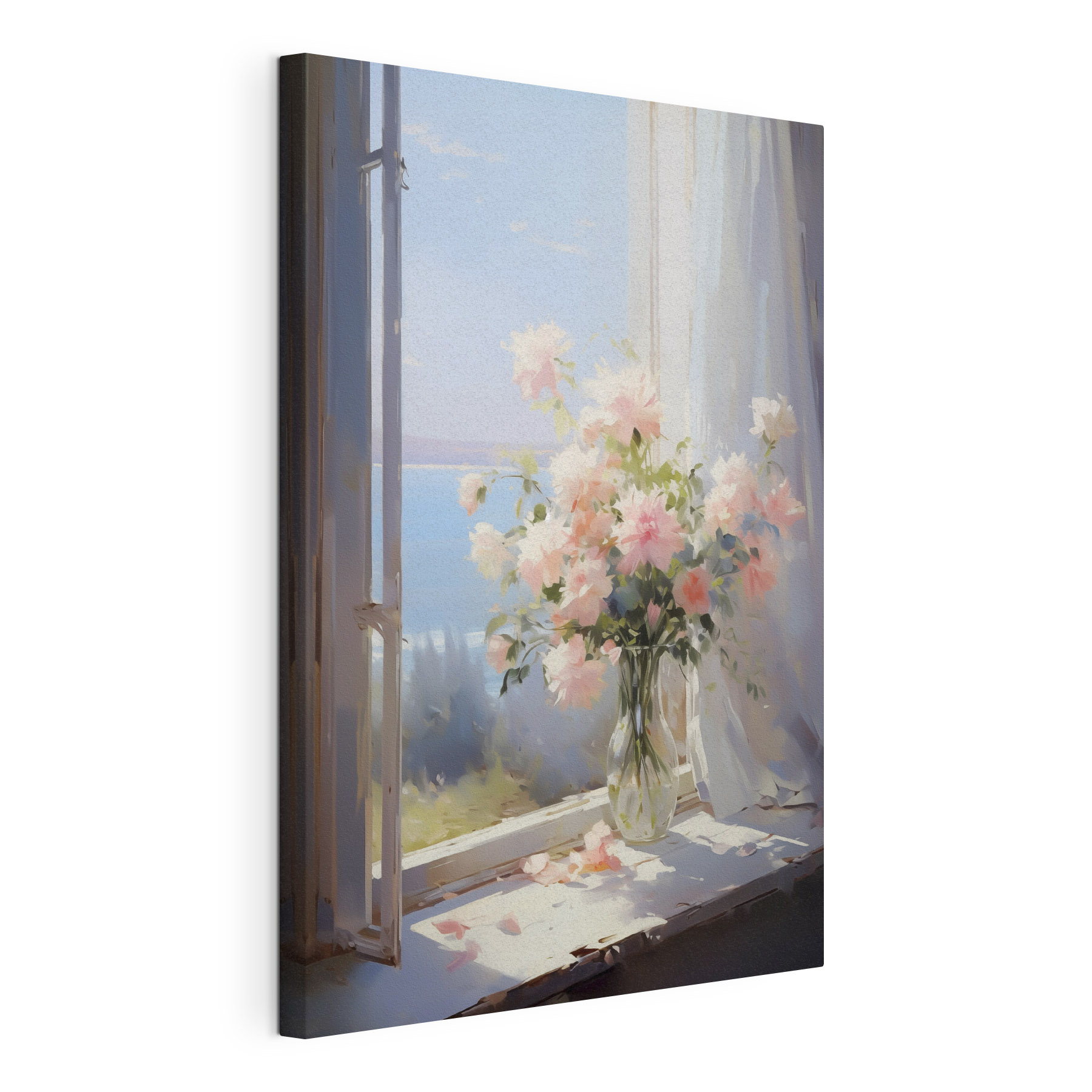 Vase of flowers in front of a window