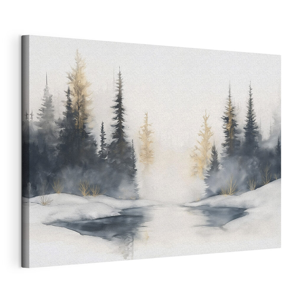 Watercolor painting of a snowy forest