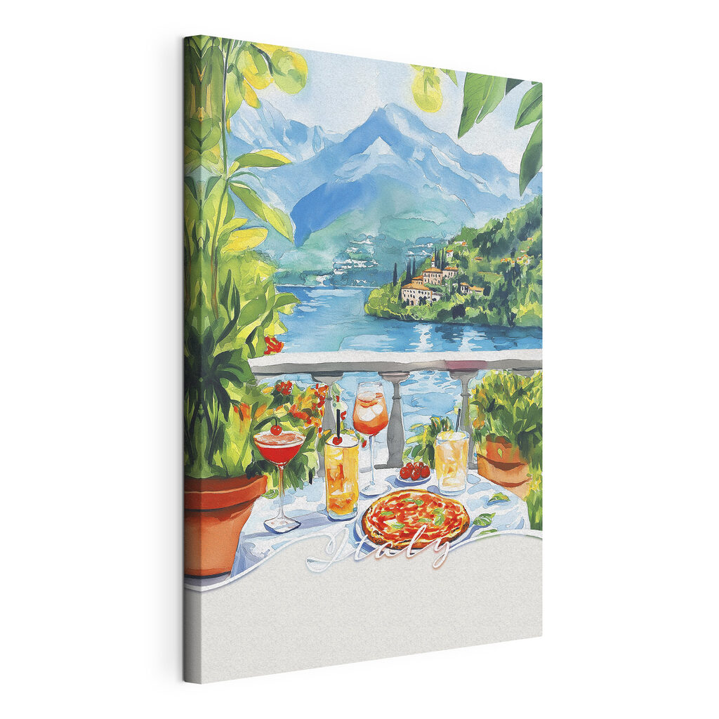 Watercolor painting of a table with drinks and a view of a lake Watercolor painting of a table with drinks and a view of a lake