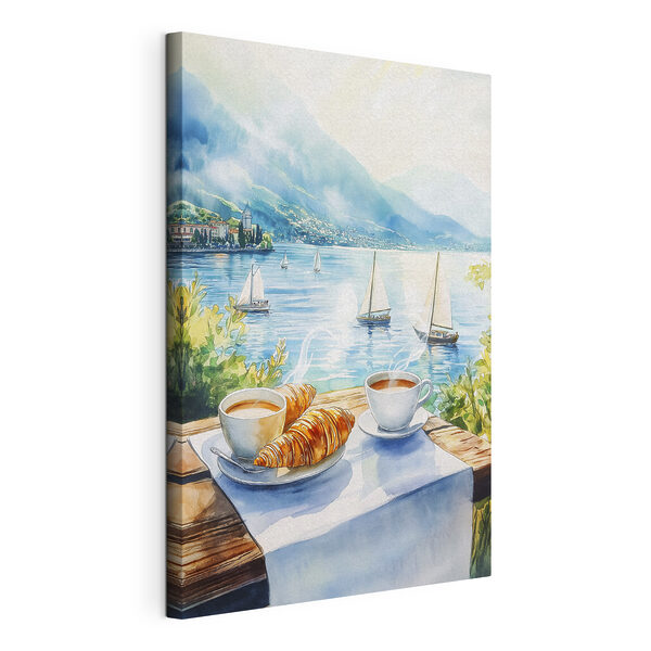 Watercolor painting of a table with coffee and croissants on it