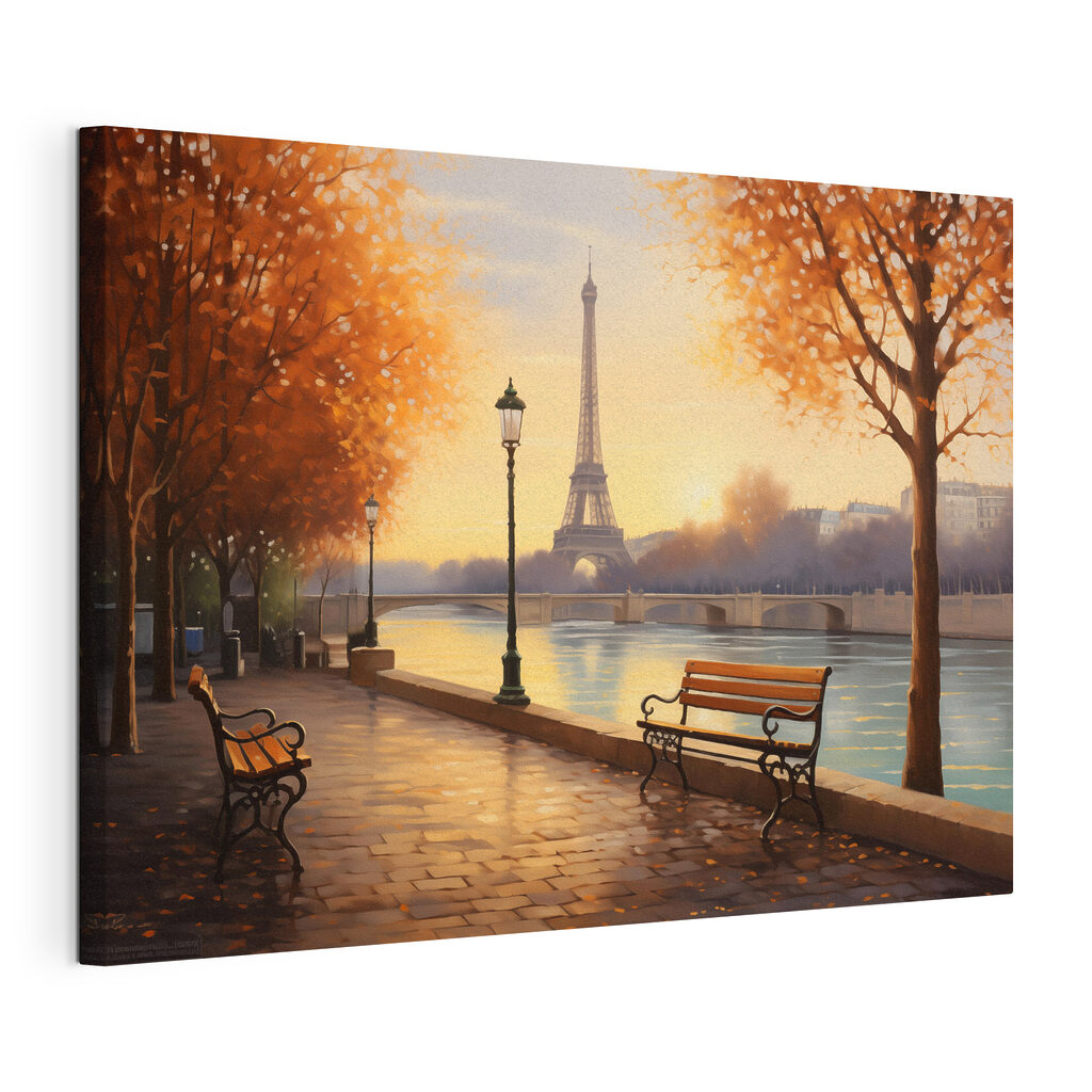 Bench and a river with trees and a tower in the background Bench and a river with trees and a tower in the background
