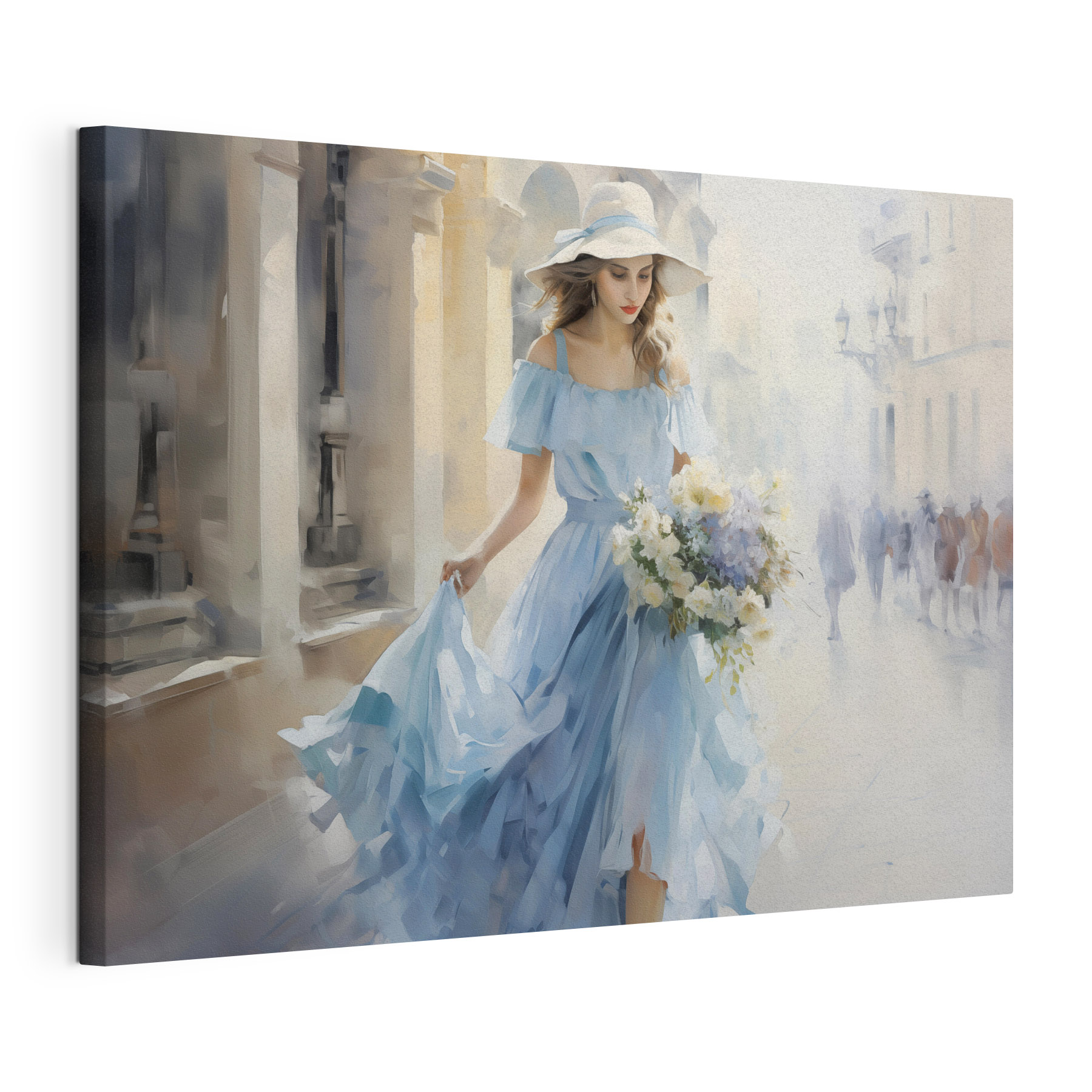 Woman in a blue dress holding flowers