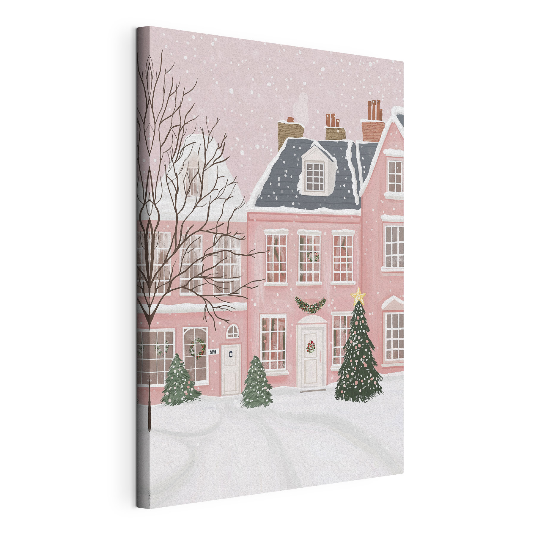 Pink house with trees and snow Pink house with trees and snow