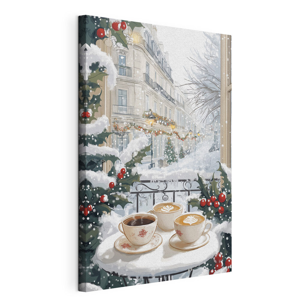 Couple of cups of coffee on a balcony with snow and buildings Couple of cups of coffee on a balcony with snow and buildings