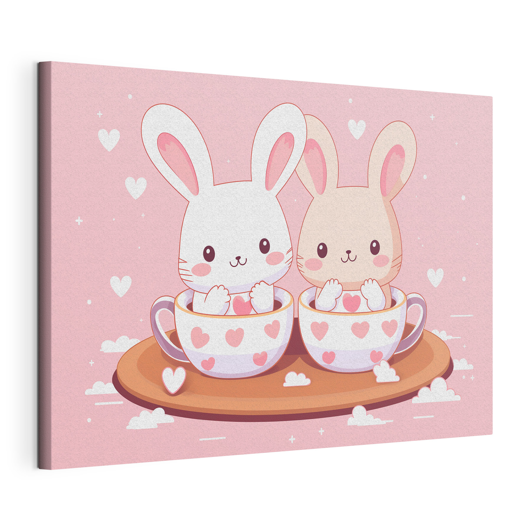 Two cartoon rabbits in tea cups Two cartoon rabbits in tea cups