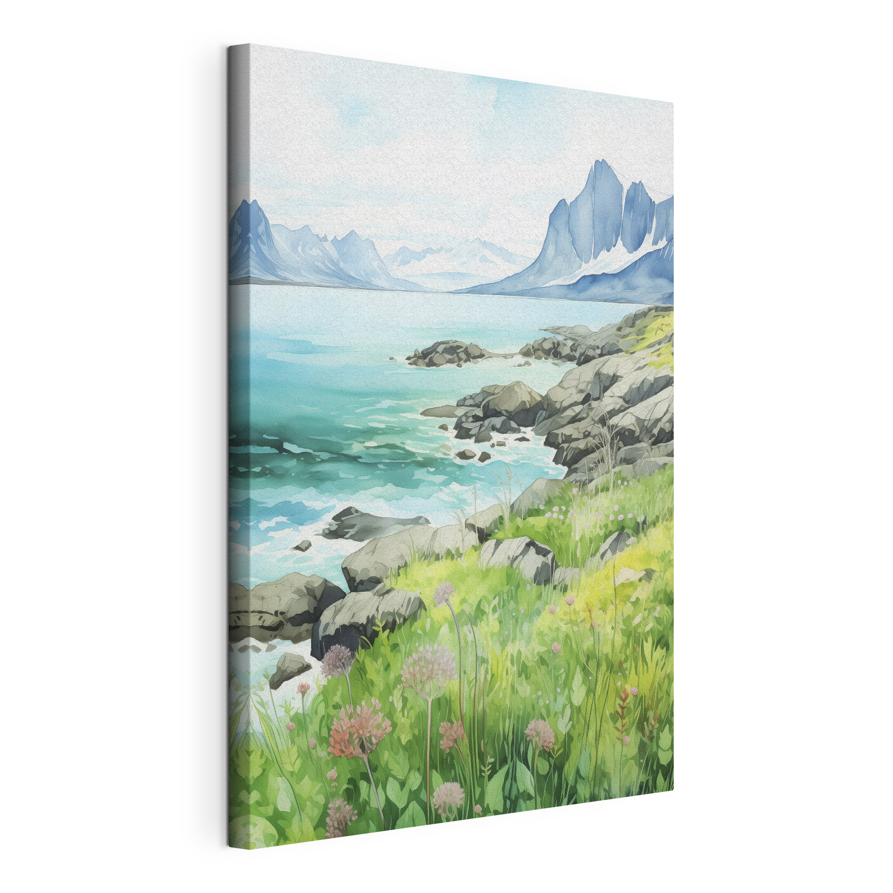 Watercolor painting of a rocky shore with mountains and a blue sky