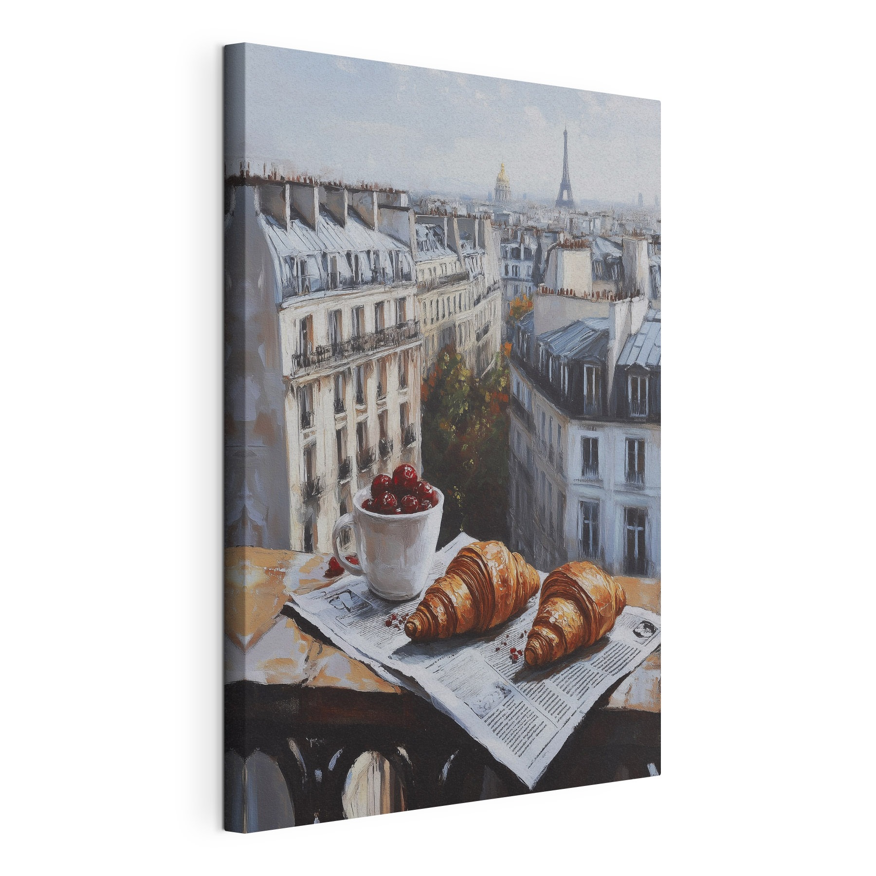 Cup of coffee and croissants on a table with buildings in the background Cup of coffee and croissants on a table with buildings in the background