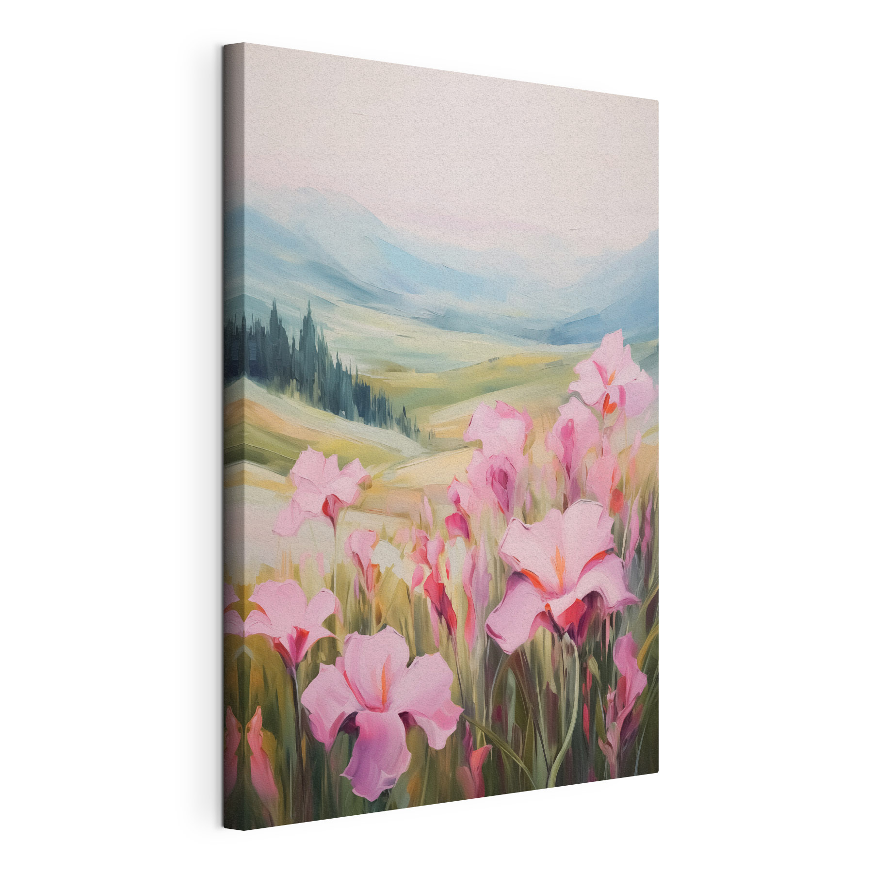 Painting of pink flowers in a field
