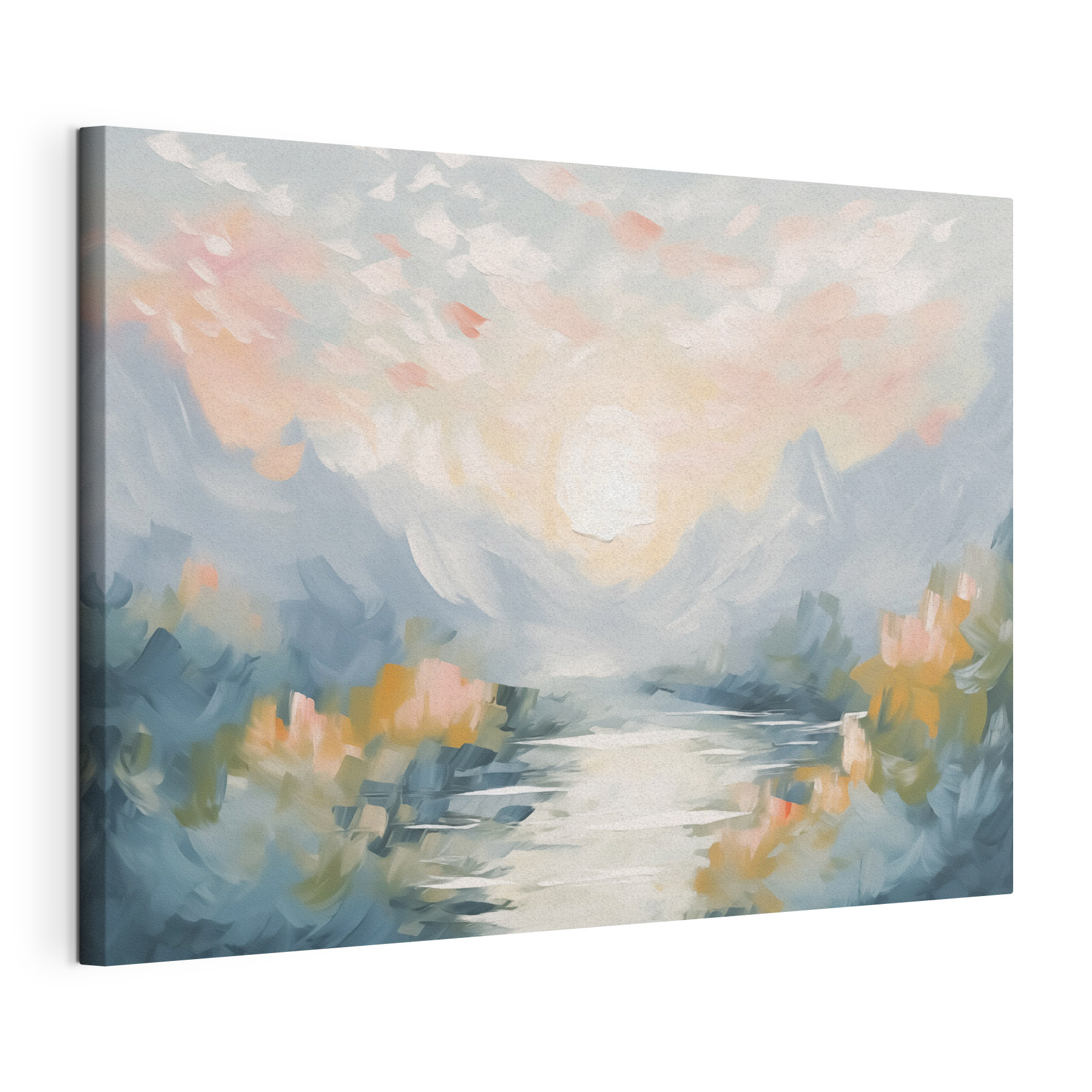 Painting of a river and mountains