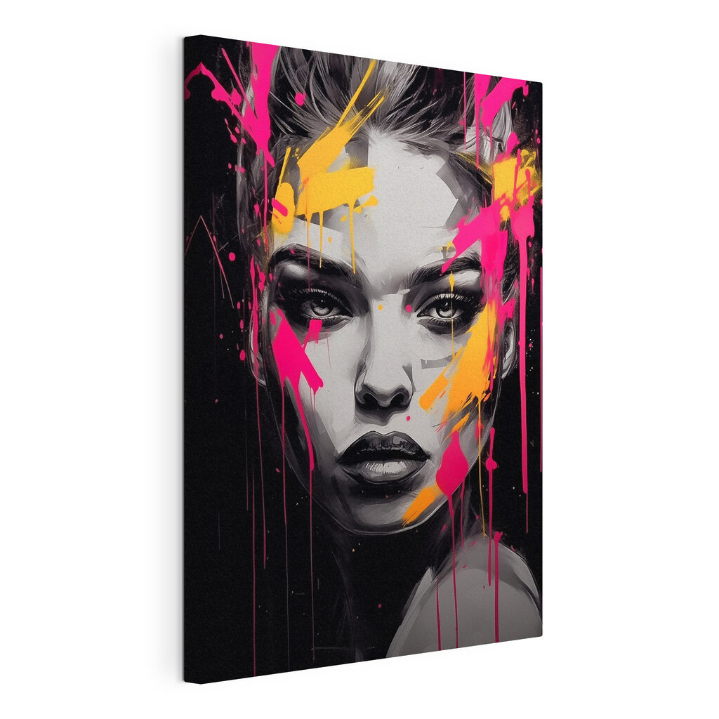 Painting of a woman with pink and yellow paint on her face