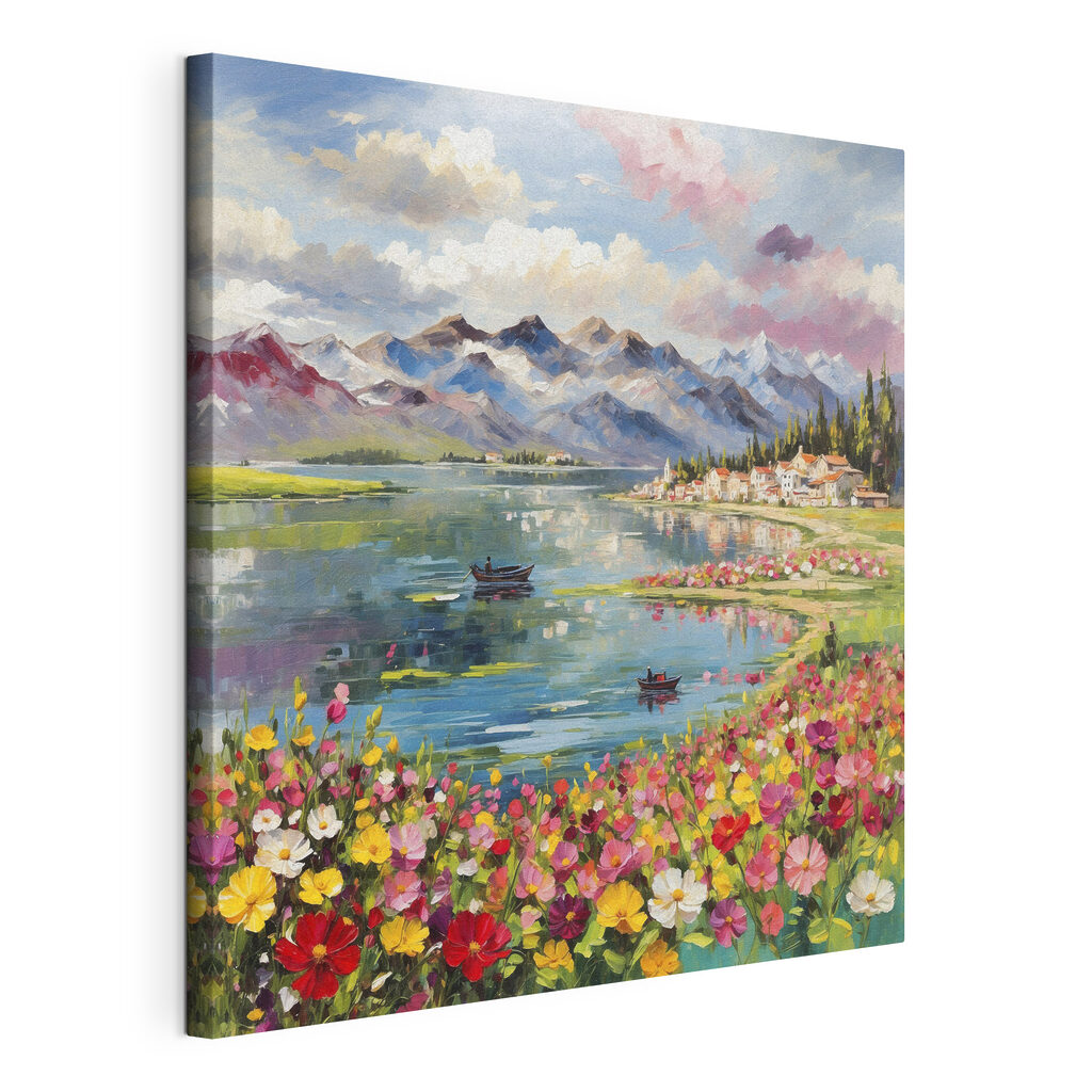 Painting of a lake with flowers and mountains in the background Painting of a lake with flowers and mountains in the background