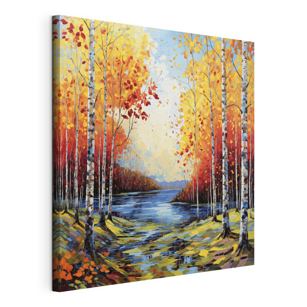 Painting of a river with trees and leaves