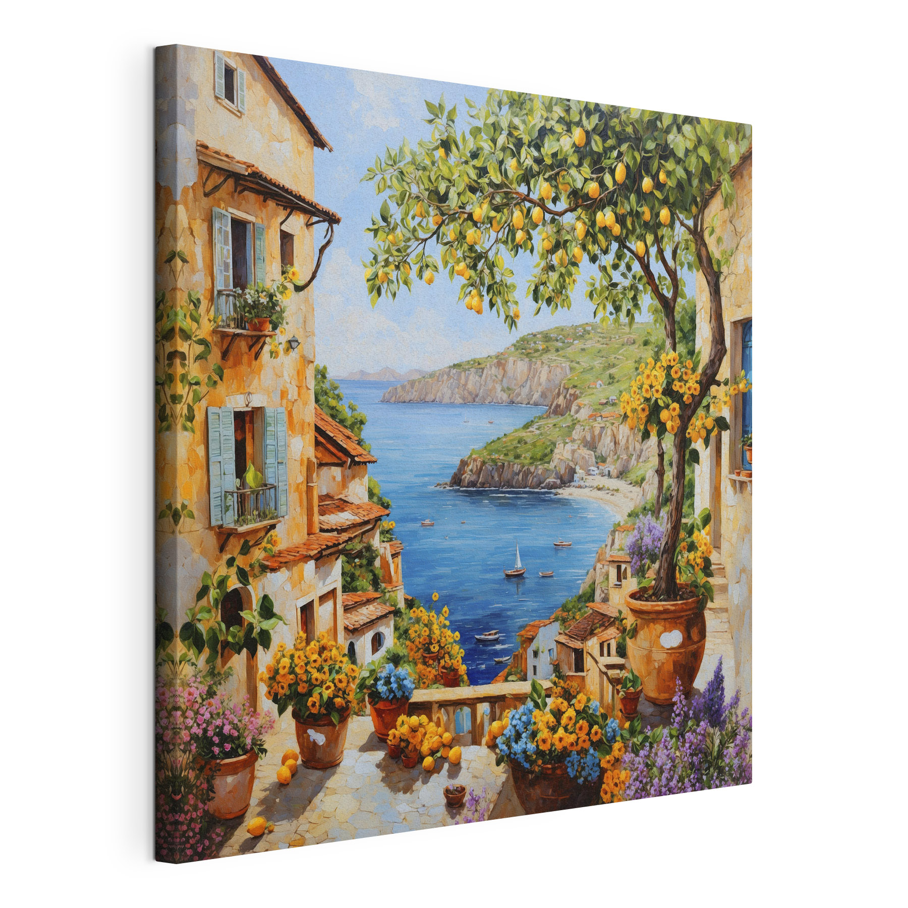 Painting of a town with a body of water and a bay