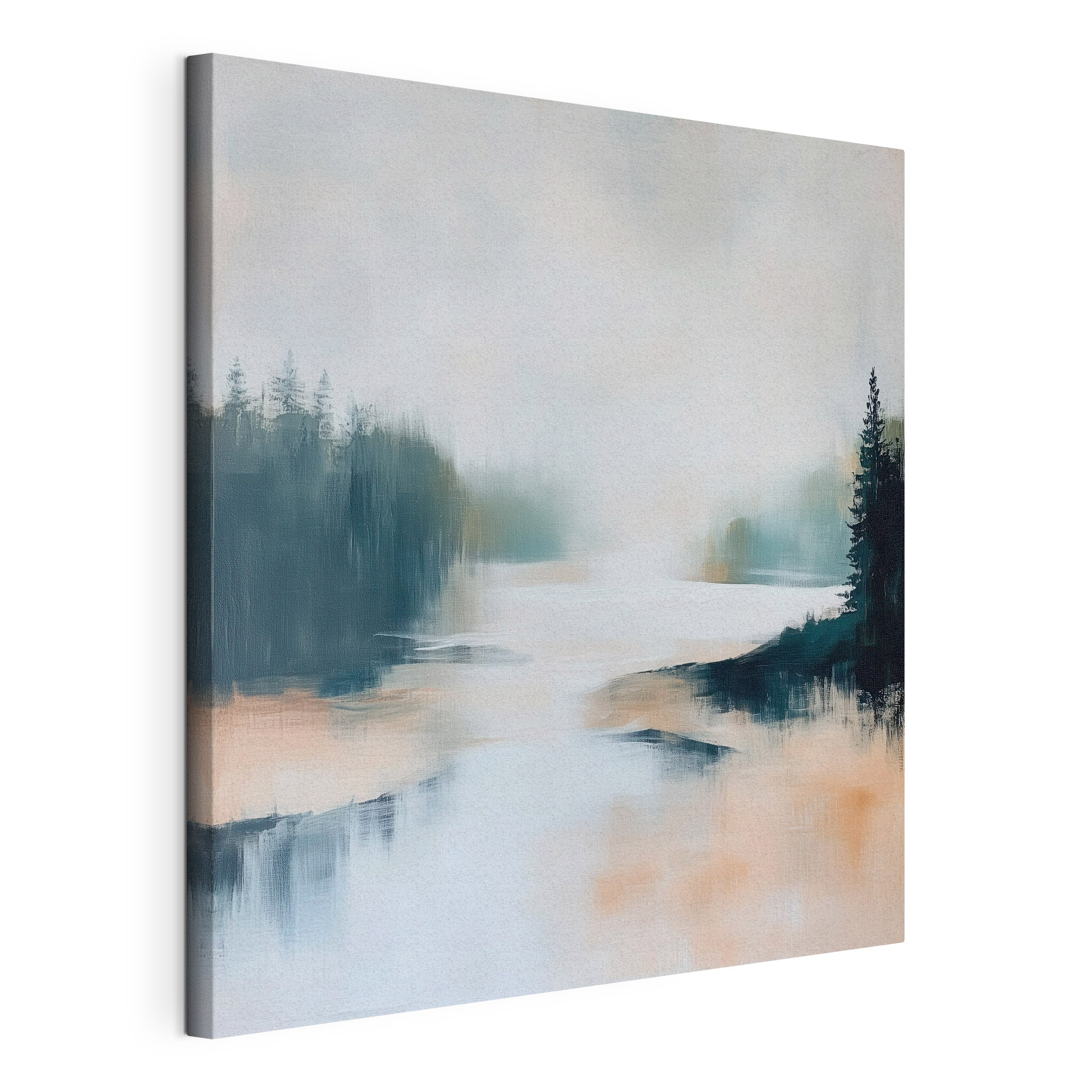Painting of a river with trees and fog