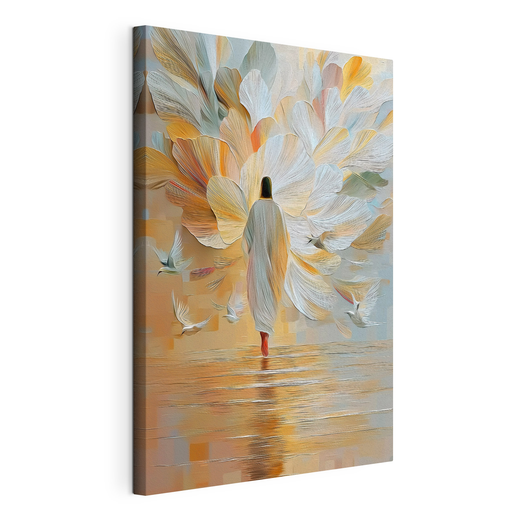 Person walking in the water with birds flying around