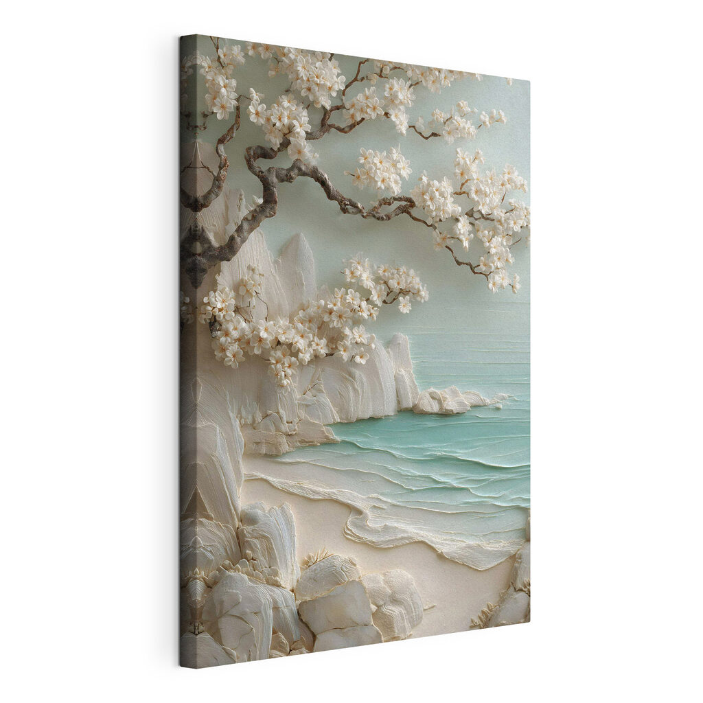 Painting of a beach with white flowers and a tree