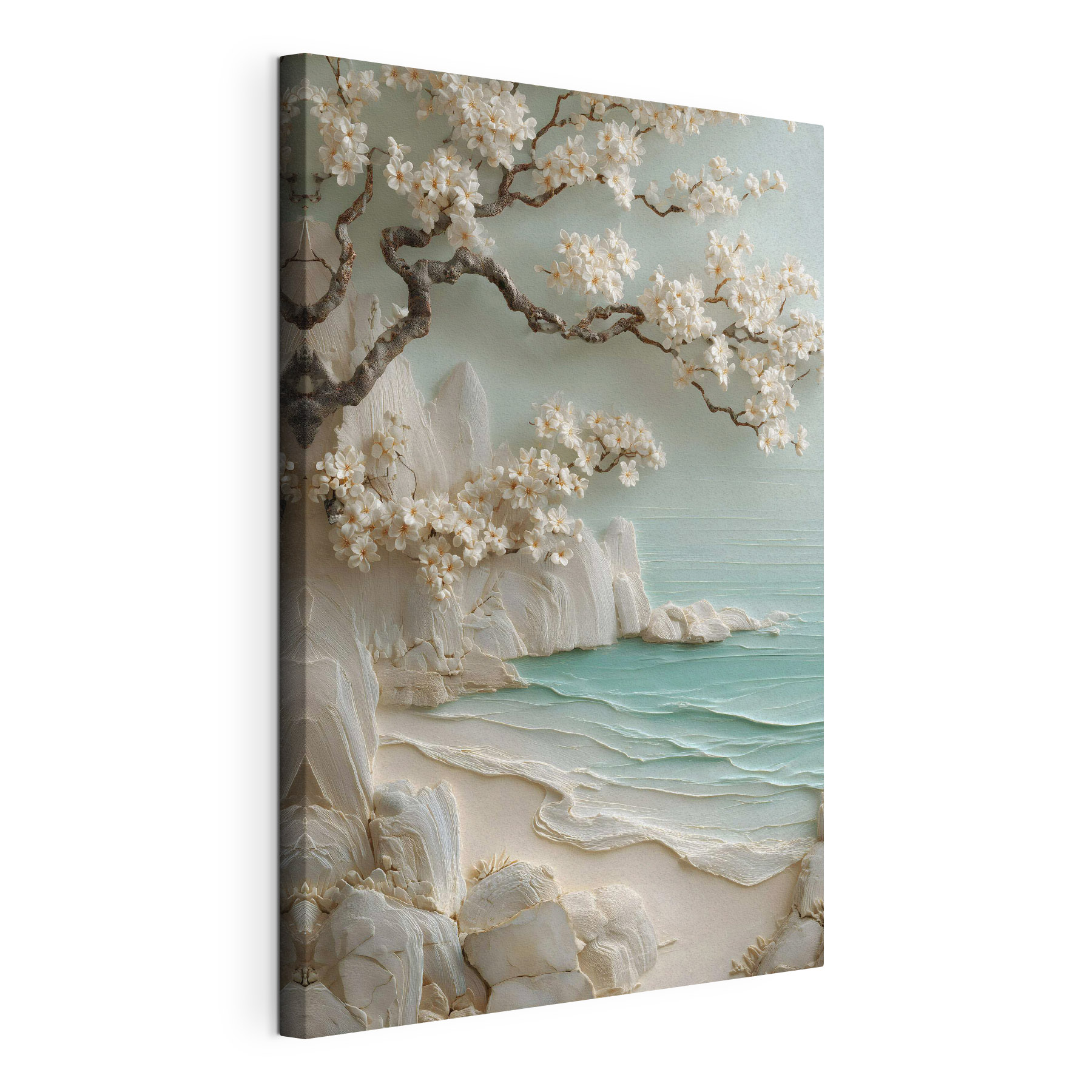 Painting of a beach with white flowers and a tree