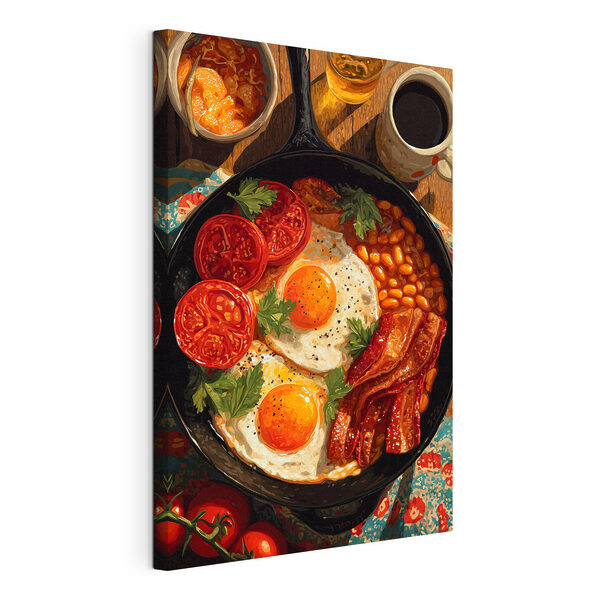 Obraz Obraz Pánev s jídlem – vejce, slanina, fazole a rajčata (Katalogové číslo: s49308)