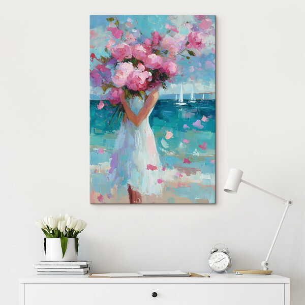 Painting of a woman holding a bouquet of flowers