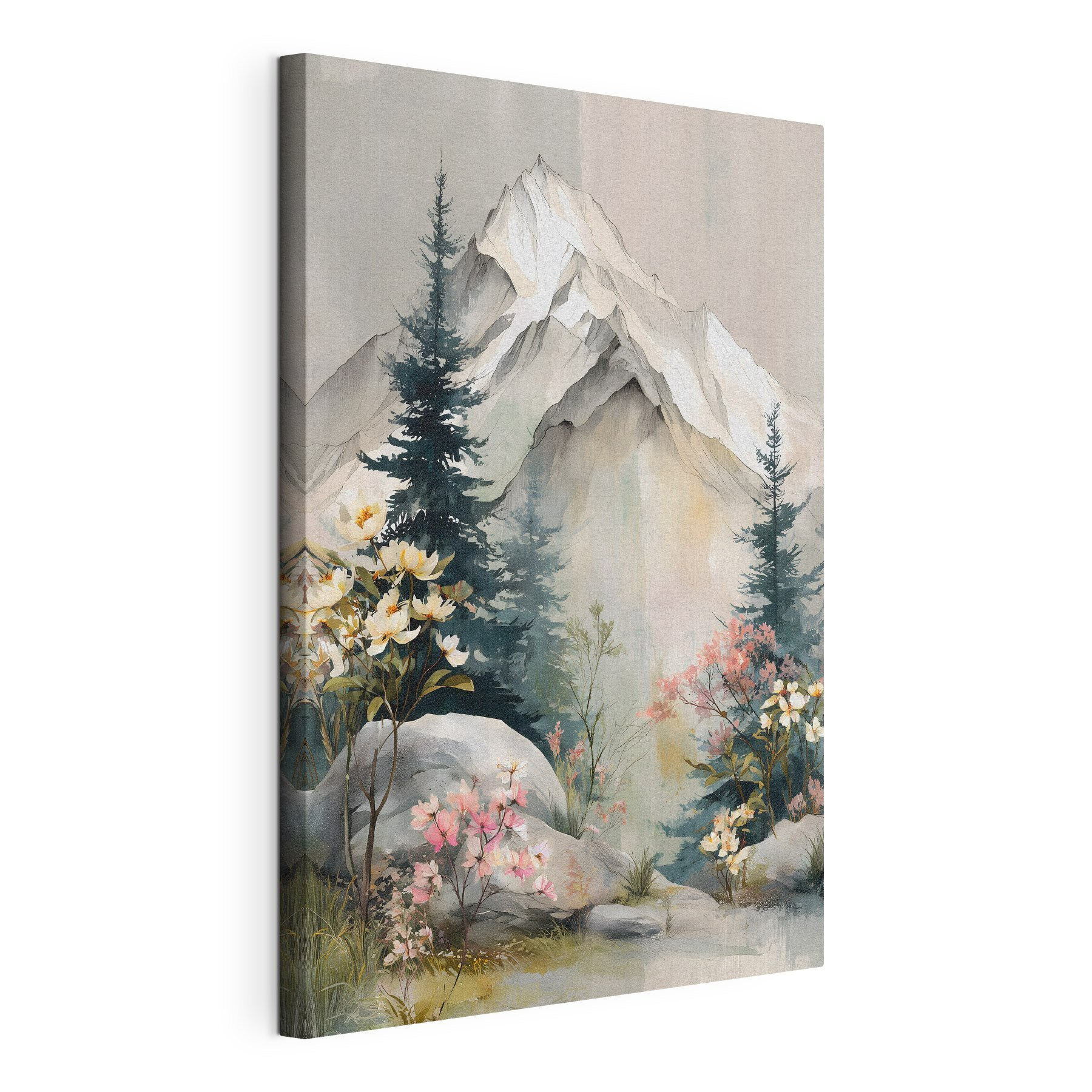 Painting of a mountain with trees and flowers