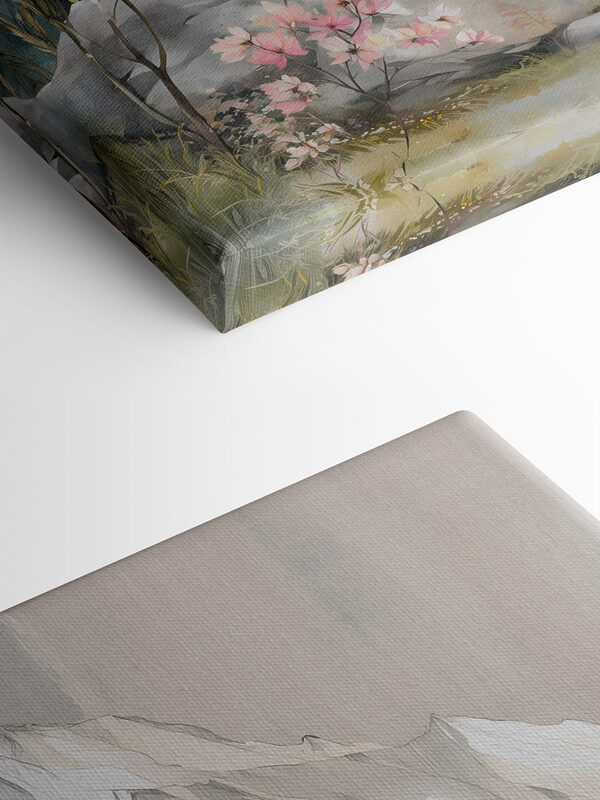 Painting of a mountain with trees and flowers