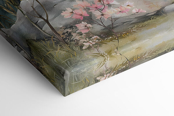 Painting of a mountain with trees and flowers