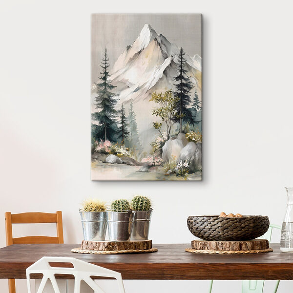 Painting of a mountain with trees and flowers