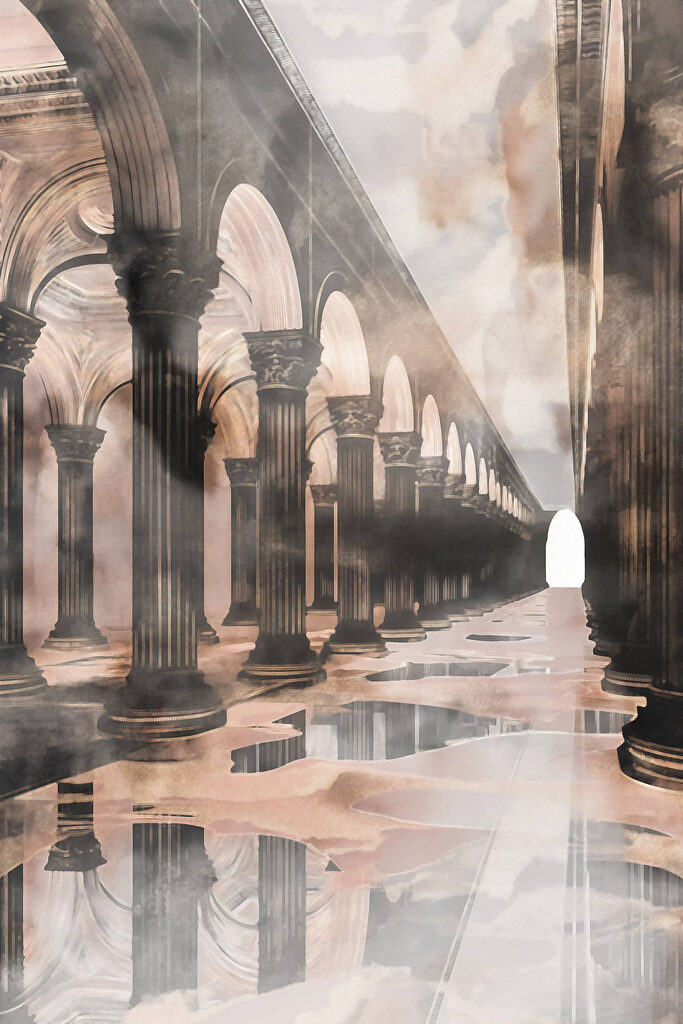 Long hallway with columns and arches