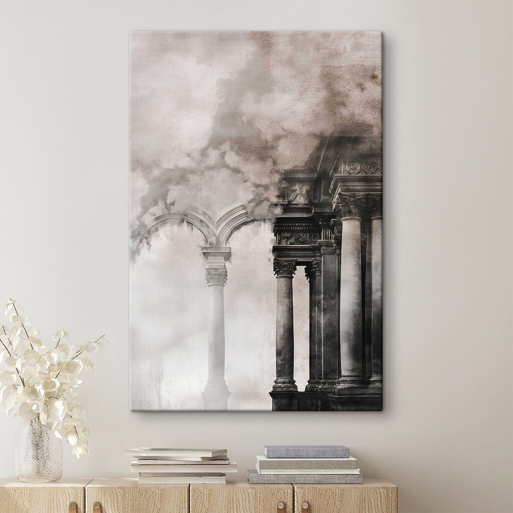 Building with columns and smoke