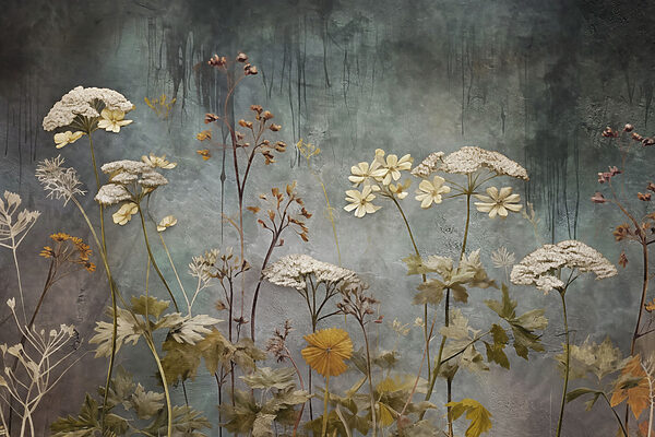 - Delicate blooms against a textured backdrop