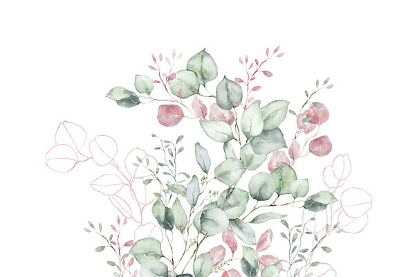 Watercolor painting of green and pink leaves