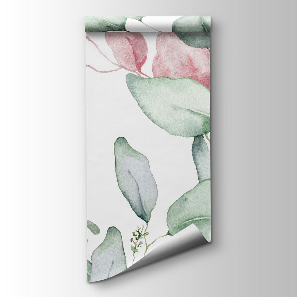 Watercolor painting of green and pink leaves