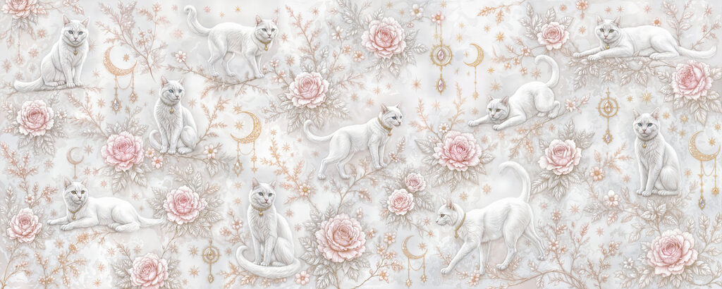 Wallpaper with white cats and flowers