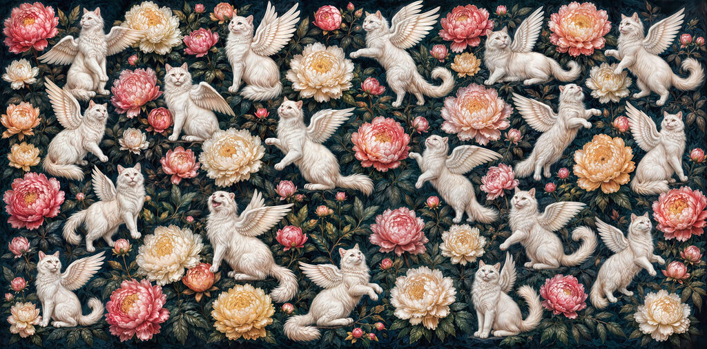 Group of white cats with wings and flowers