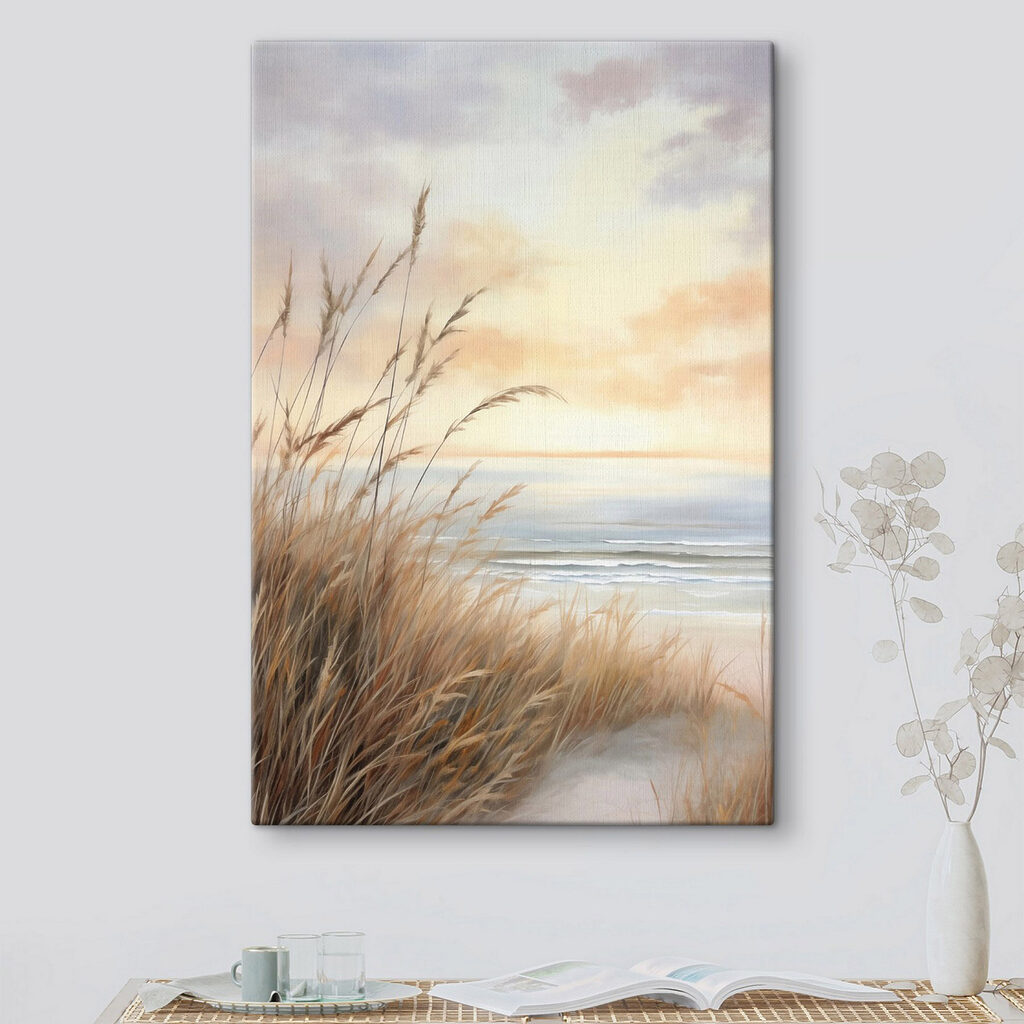 Painting of a beach with tall grass and water Painting of a beach with tall grass and water