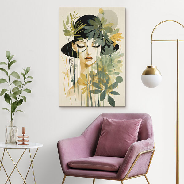 Woman with black hat and green leaves Woman with black hat and green leaves