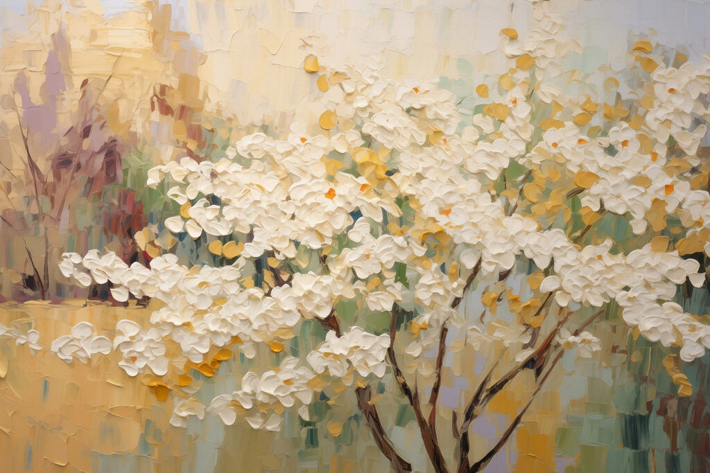 Painting of a tree with white flowers Painting of a tree with white flowers