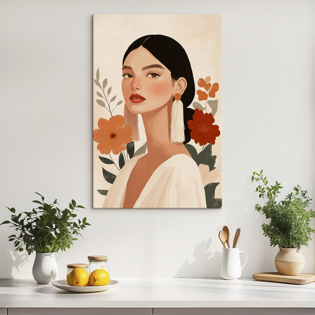 Woman with long earrings and flowers