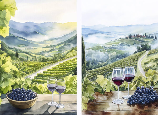 Painting of wine glasses and grapes on a table