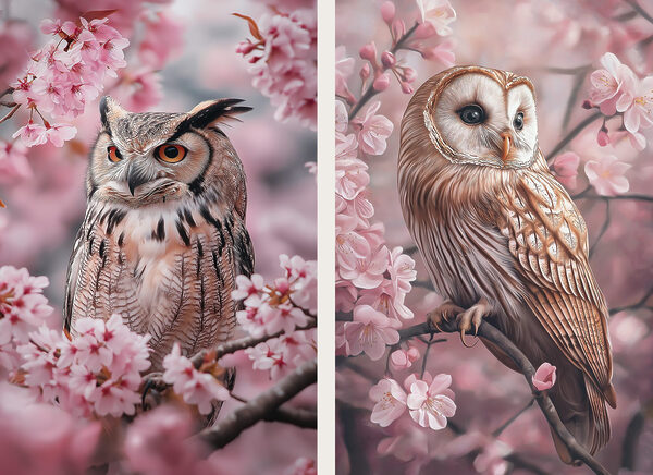 Collage of owls on a tree branch