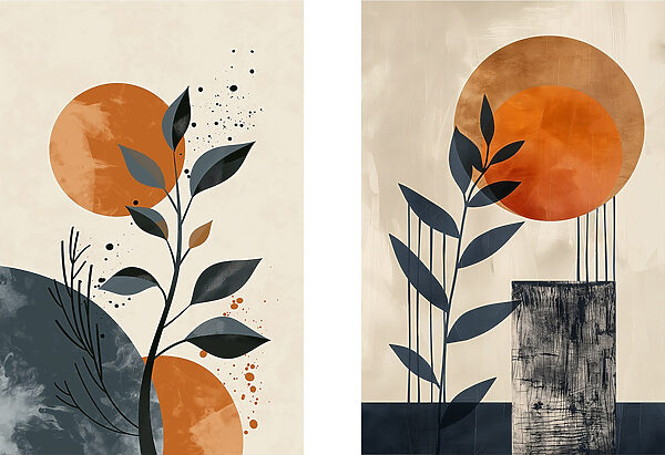 Two paintings of plants and sun