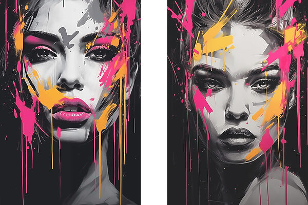 Collage of a woman's face with paint splatters