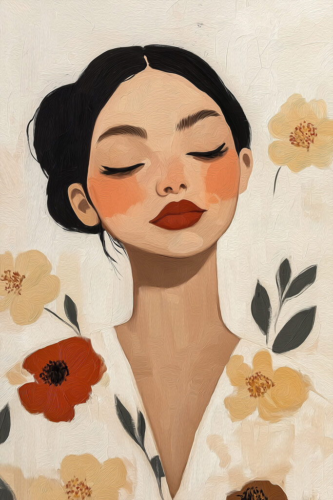 Woman with red lips and flowers