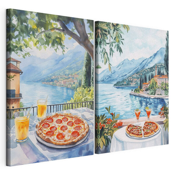 Akvarelová malba stolu s pizzami a nápoji na něm Modulární tisk na plátně Akvarelová malba stolu s pizzami a nápoji na něm