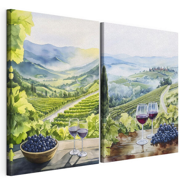 Painting of wine glasses and grapes on a table