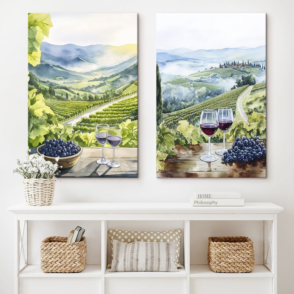 Painting of wine glasses and grapes on a table